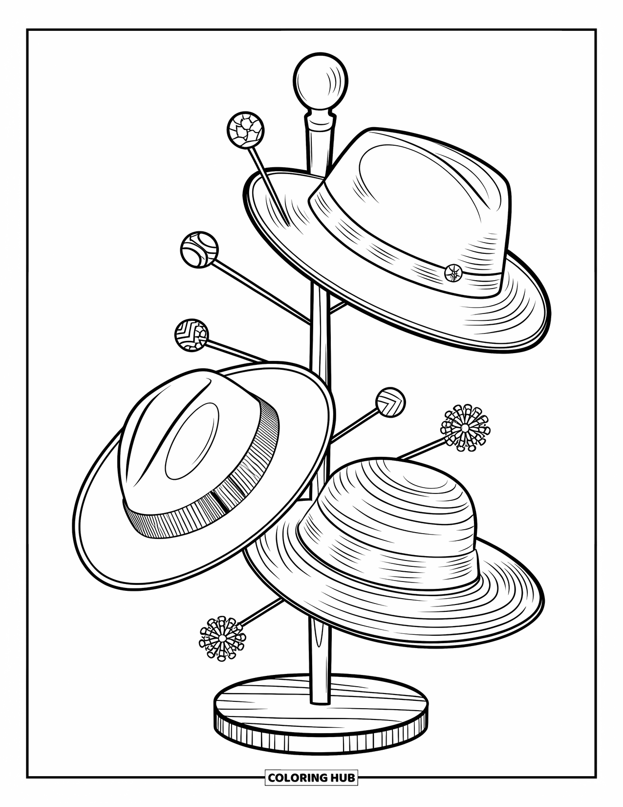 Letter H Coloring Page for Kids: A hat display holds fedoras, beanies, and bowler hats with cute pins