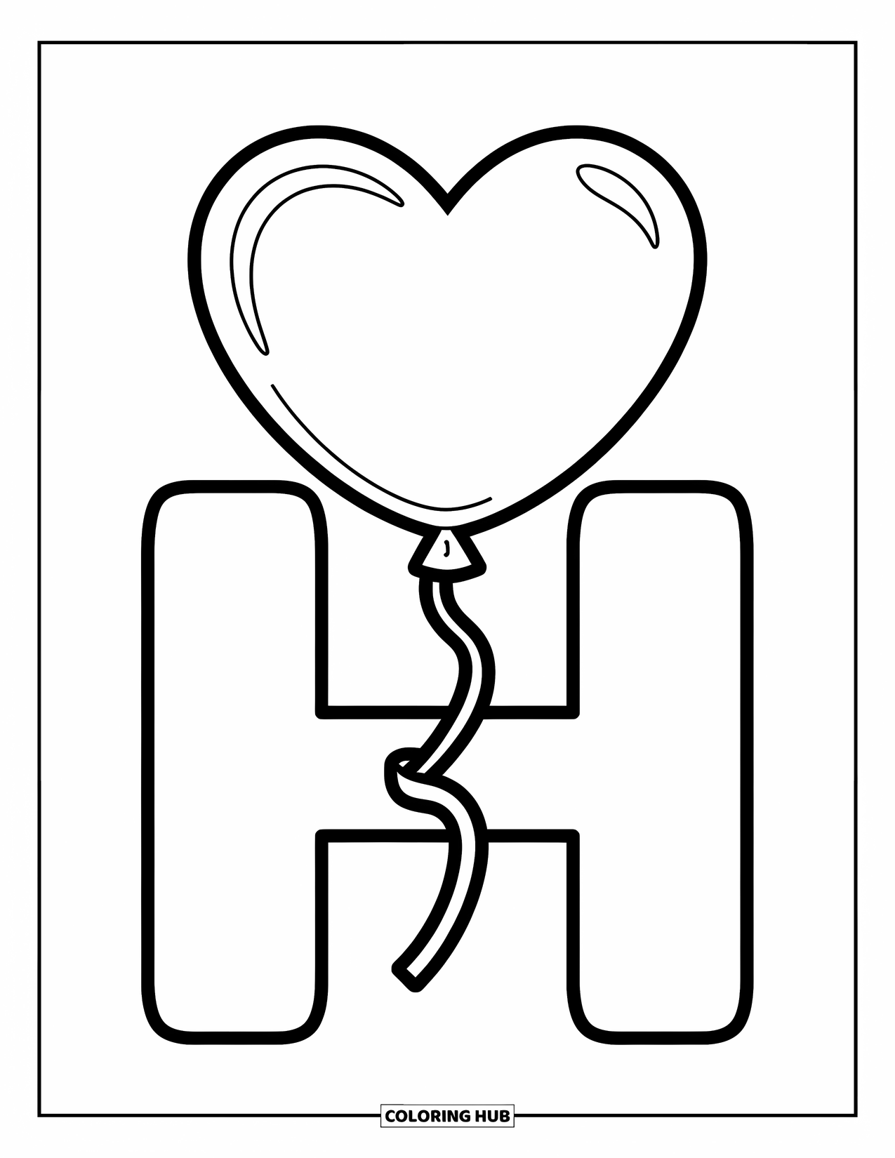 Letter H Coloring Page for Kids: A heart balloon floats above a bold letter H tied with a ribbon