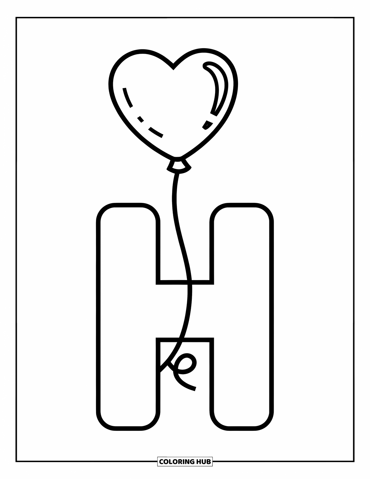 Letter H Coloring Page for Kids: A heart balloon is tied to a simple letter H on a blank background