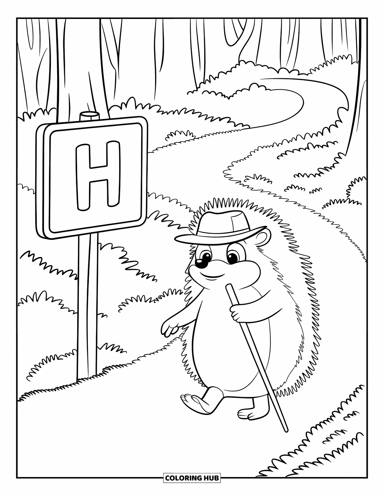 Letter H Coloring Page for Kids: A hedgehog wearing a tiny hat walks past an H sign in the forest