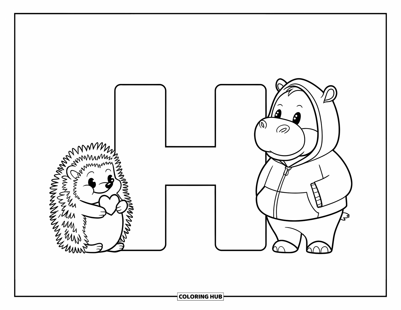 Letter H Coloring Page for Kids: A hedgehog with a tiny heart and a hippo in a hoodie flank the letter H