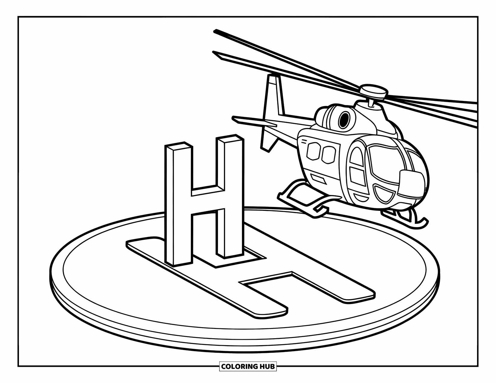 Letter H Coloring Page for Kids: A helicopter hovers above a helipad marked with a big bold H
