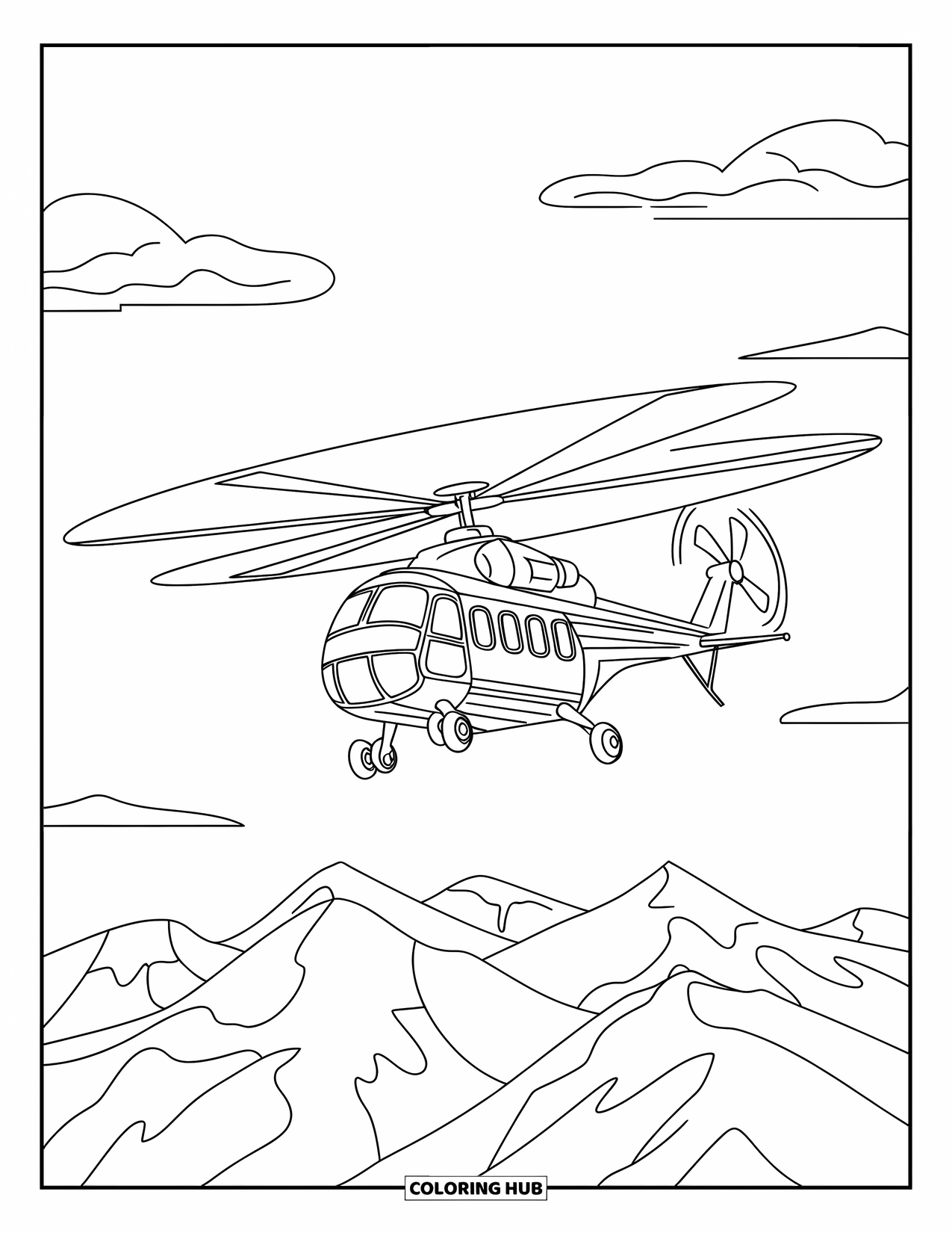 Letter H Coloring Page for Kids: A helicopter hovers above tall mountains and fluffy clouds