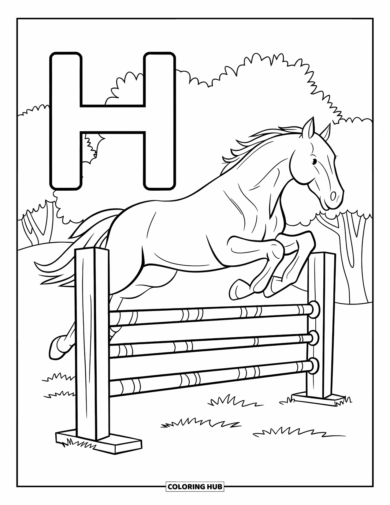 Letter H Coloring Page for Kids: A horse flies through the air over a fence with trees in the back