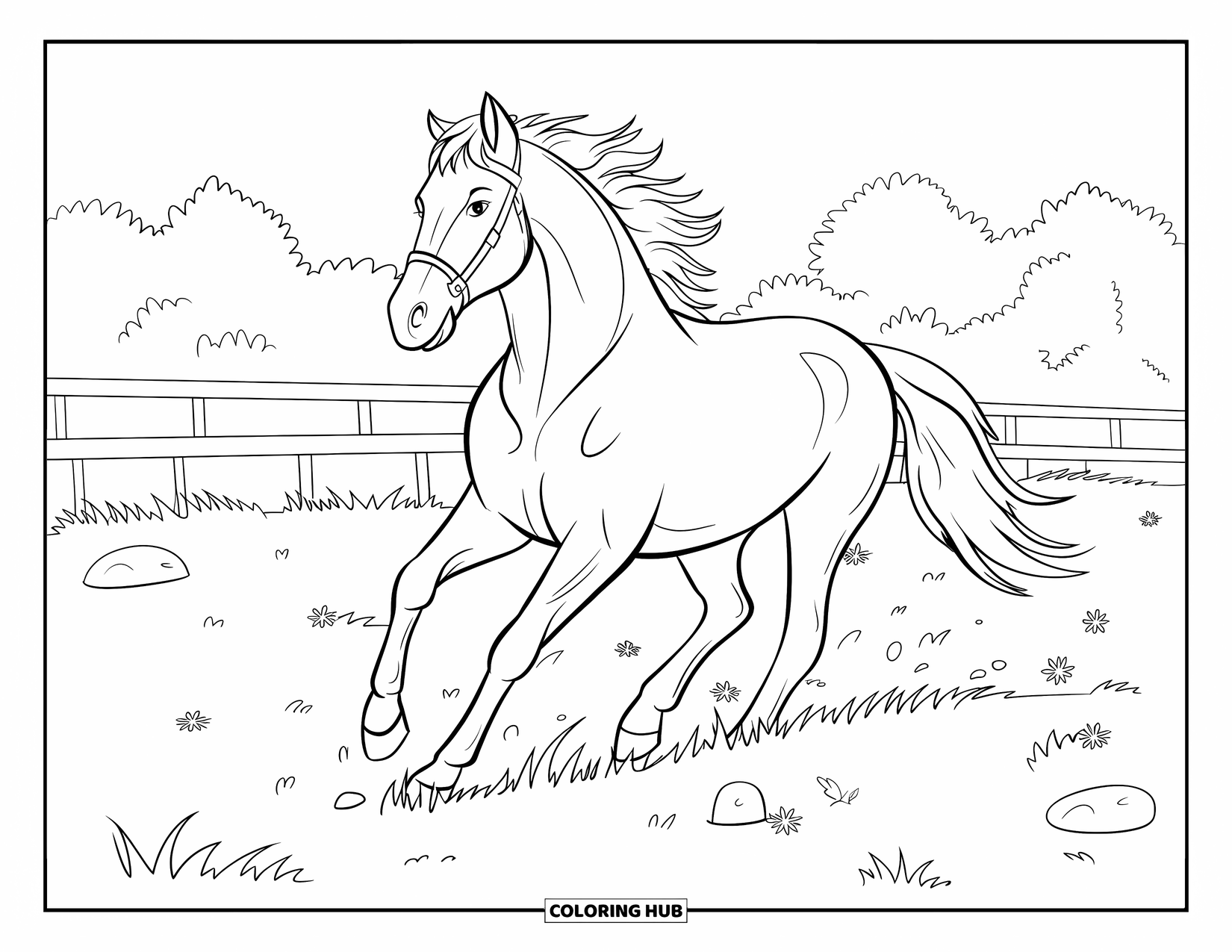 Letter H Coloring Page for Kids: A horse gallops through a field of flowers with trees and a fence behind