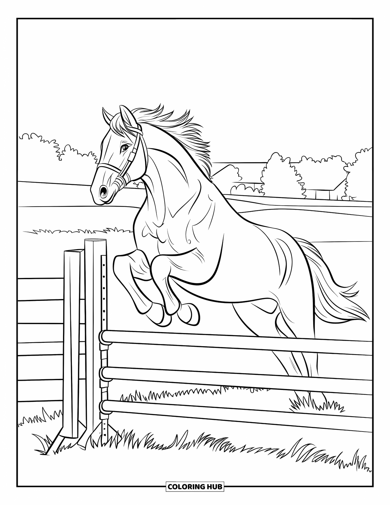 Letter H Coloring Page for Kids: A horse jumps a fence with bold outlines and a peaceful landscape