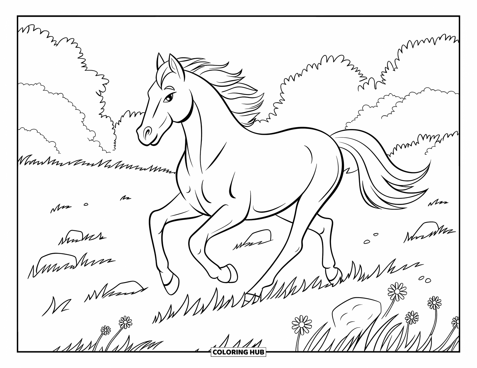 Letter H Coloring Page for Kids: A horse runs across a grassy meadow scattered with stones and blooms