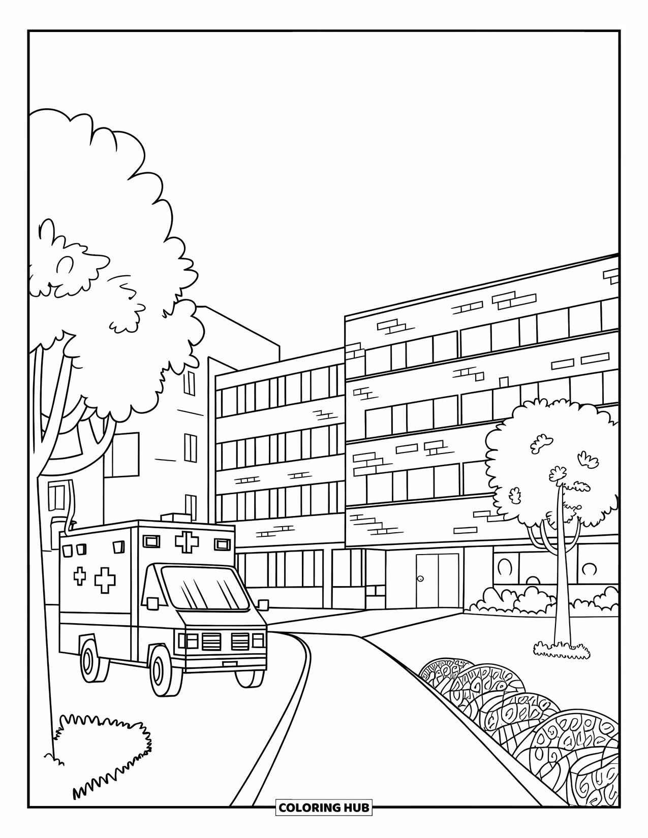 Letter H Coloring Page for Kids: A hospital building stands tall with trees, a walkway, and a parked ambulance