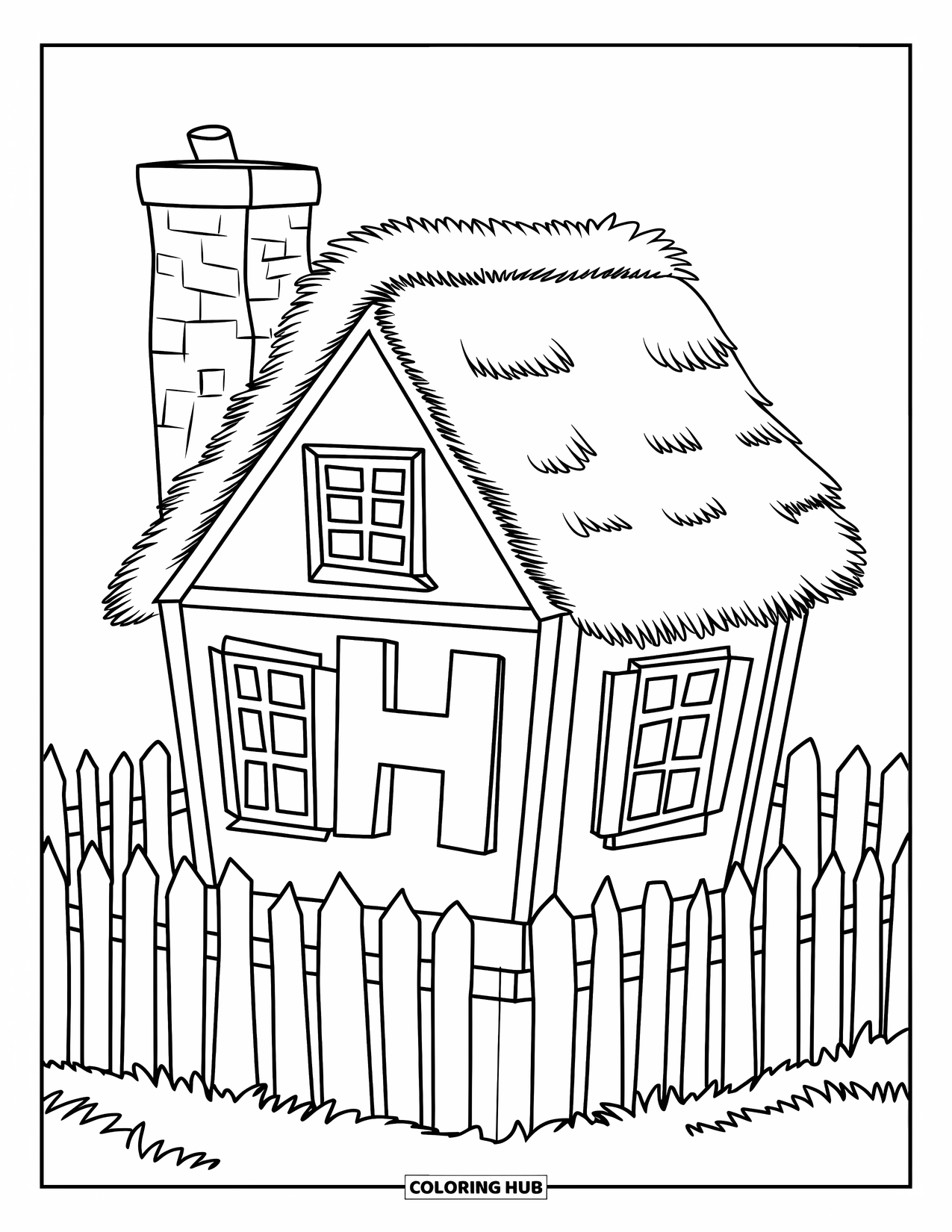 Letter H Coloring Page for Kids: A house with a chimney and fence has the letter H at its heart