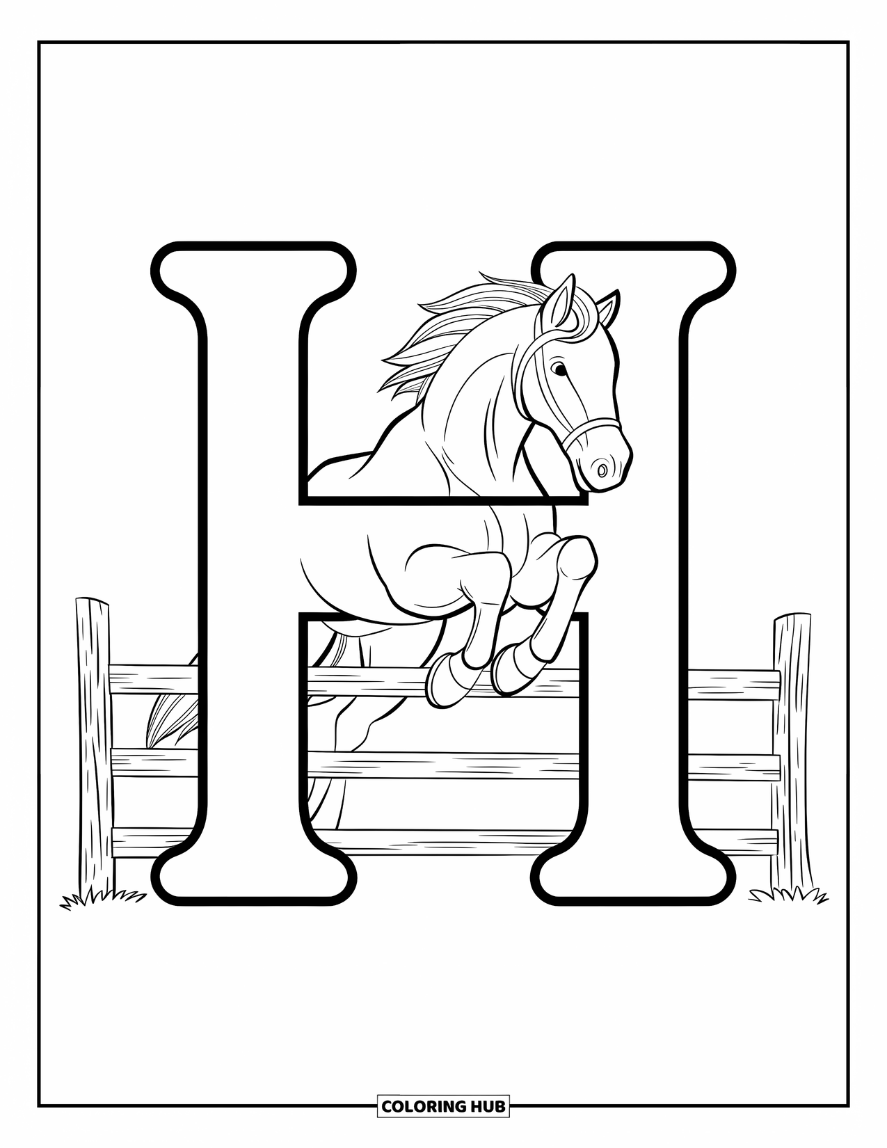 Letter H Coloring Page for Kids: A jumping horse clears a wooden fence next to the letter H