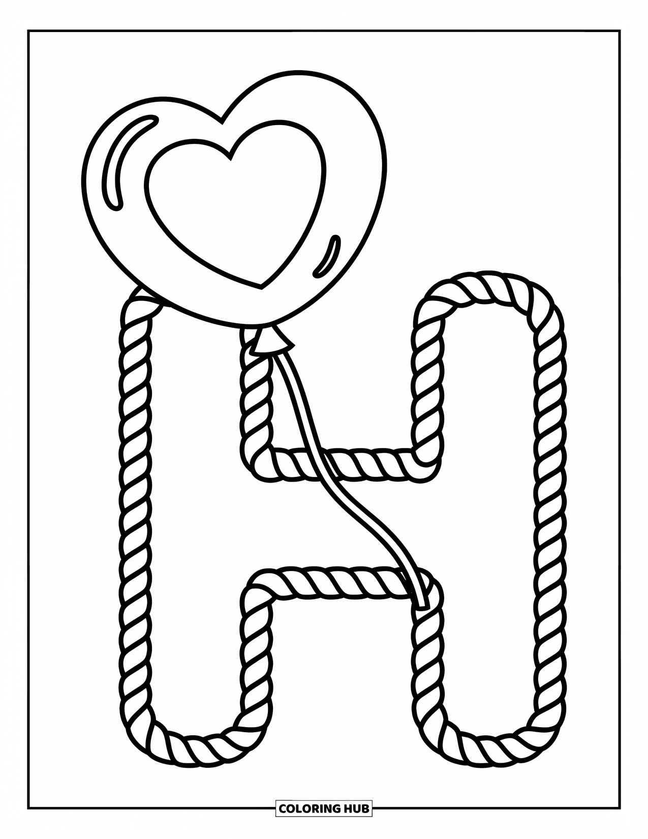Letter H Coloring Page for Kids: A rope-style H holds up a heart balloon ready to drift away