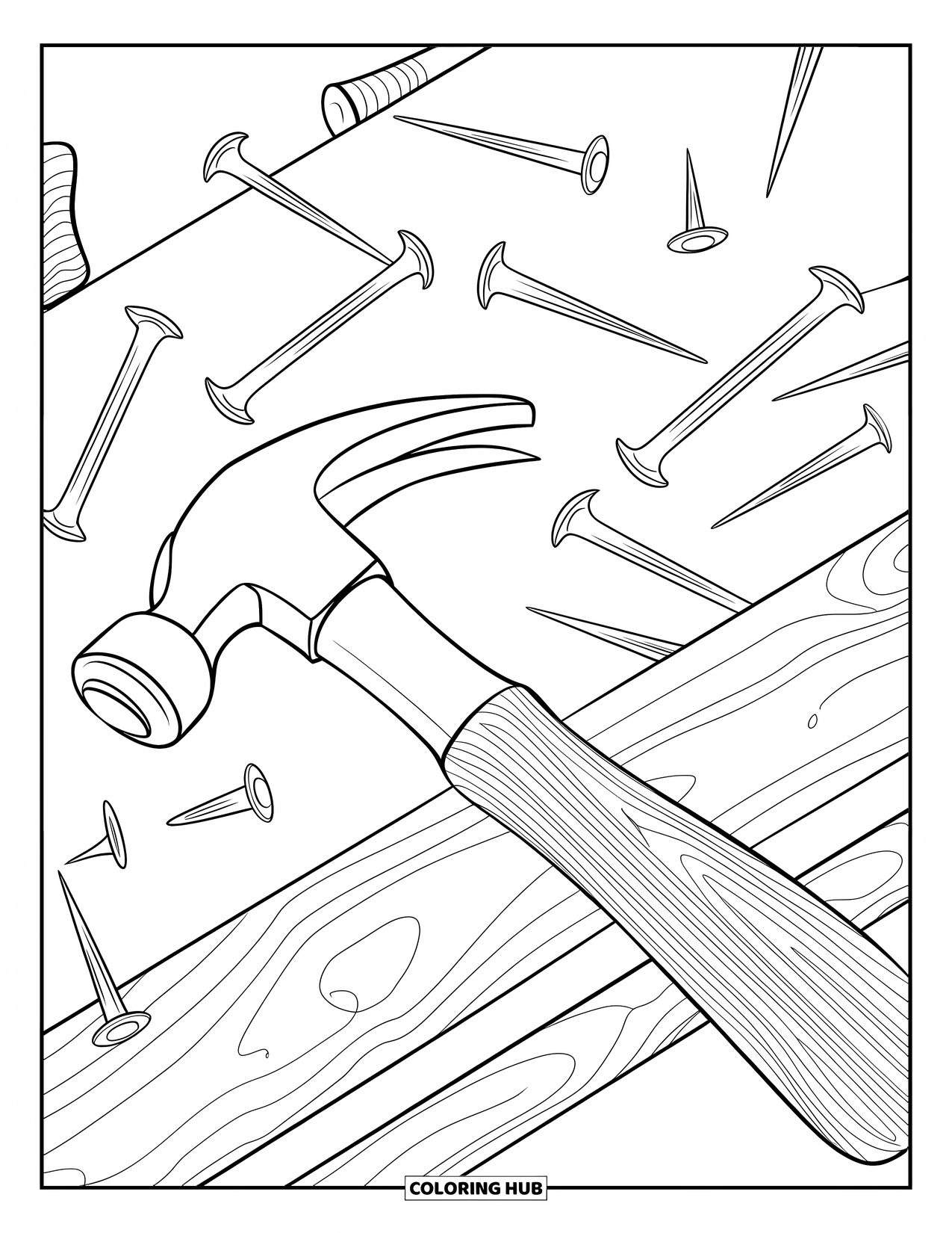 Letter H Coloring Page for Kids: A simple hammer rests among scattered tools on a wooden bench