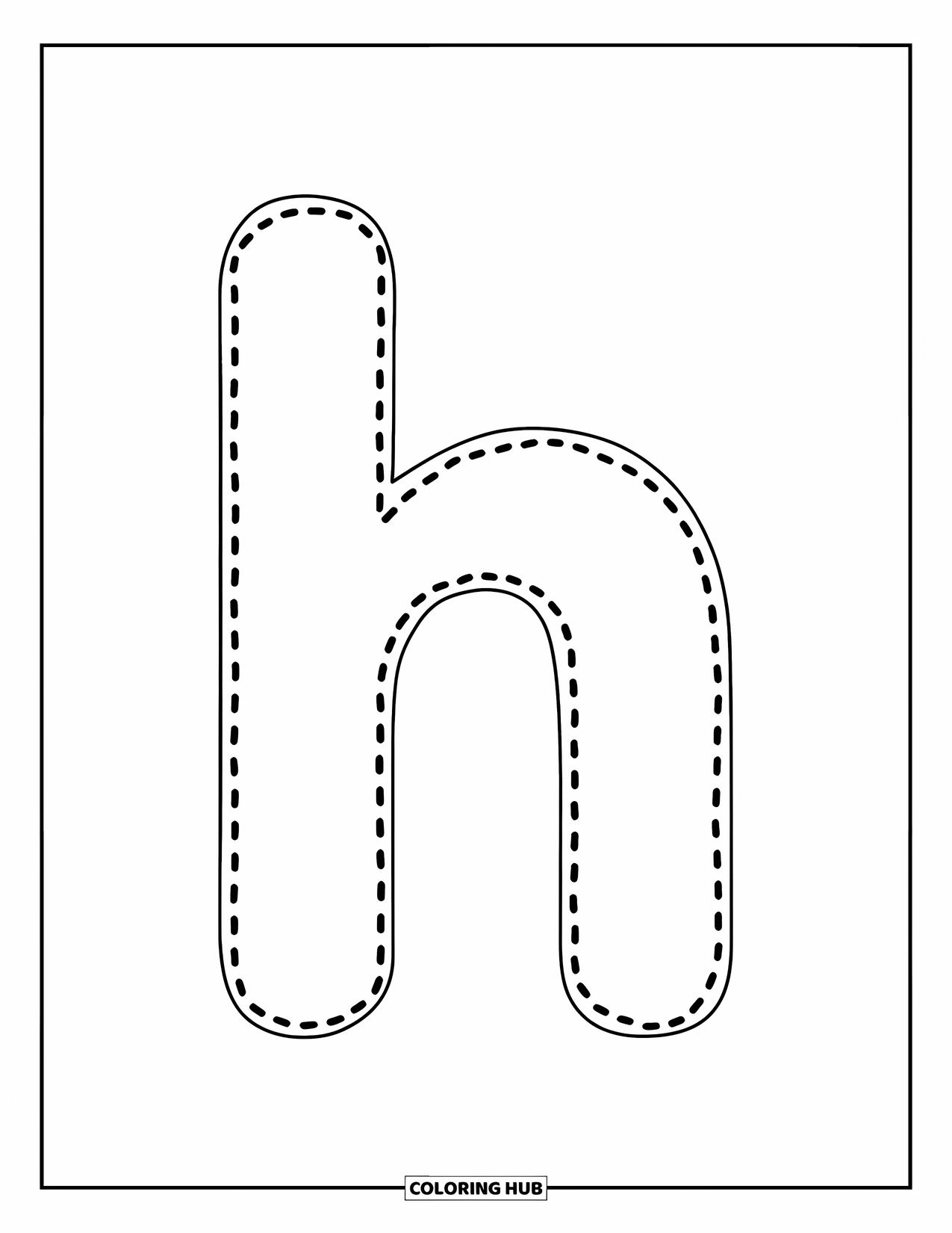 Letter H Coloring Page for Kids: A simple lowercase h in dotted lines stands ready for tracing