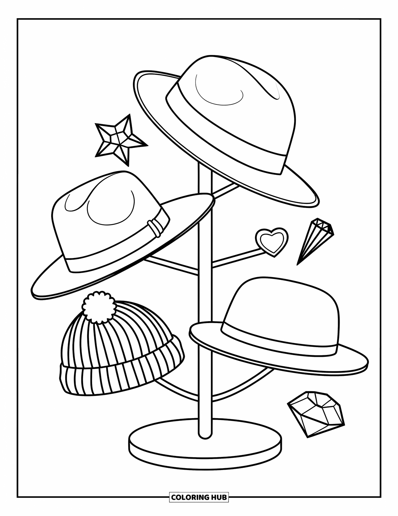 Letter H Coloring Page for Kids: A stand of stylish hats and pins stands ready for trying on