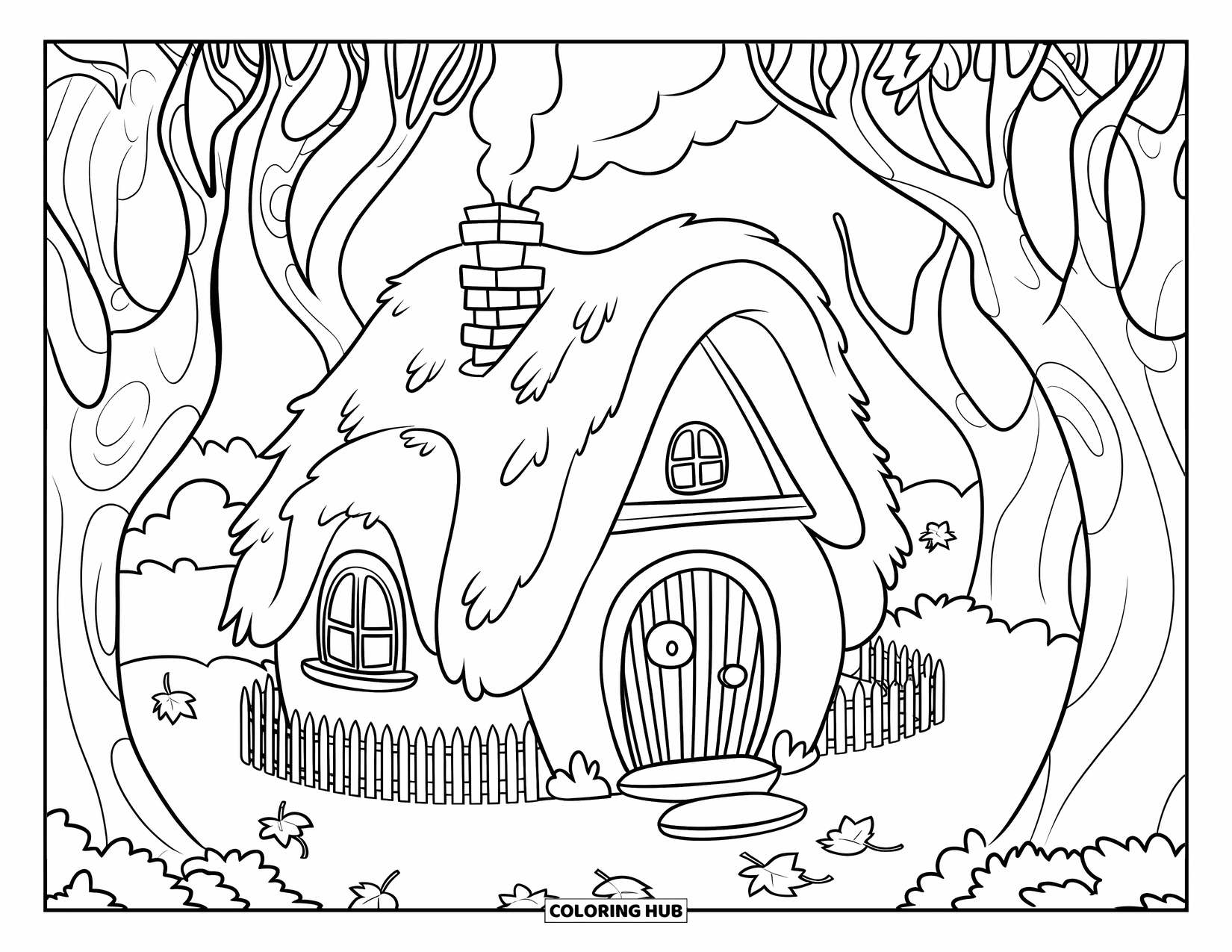Letter H Coloring Page for Kids: A wooden house peeks out between bare trees with leaves scattered below