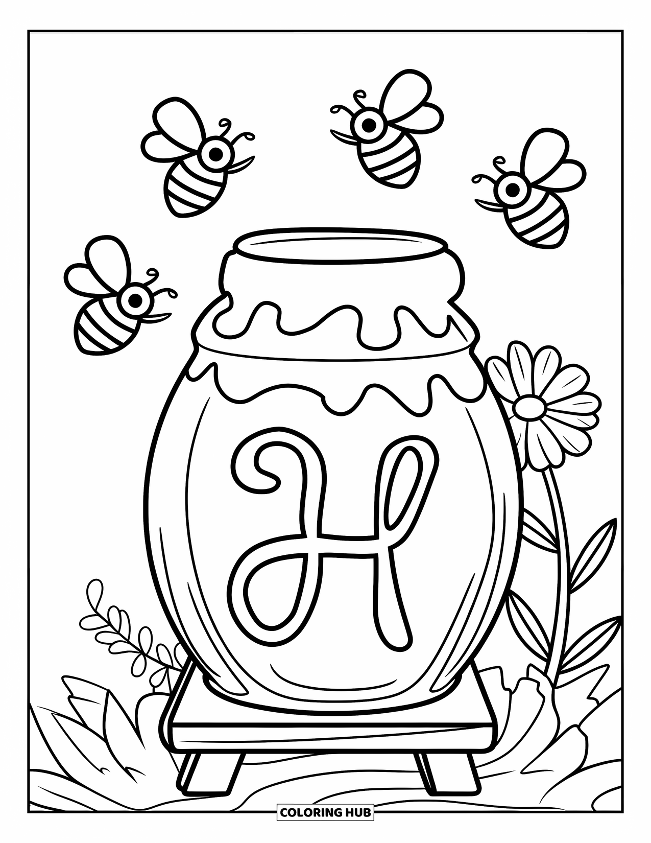 Letter H Coloring Page for Kids: A wooden stand holds a honey jar with bees flying by the letter H