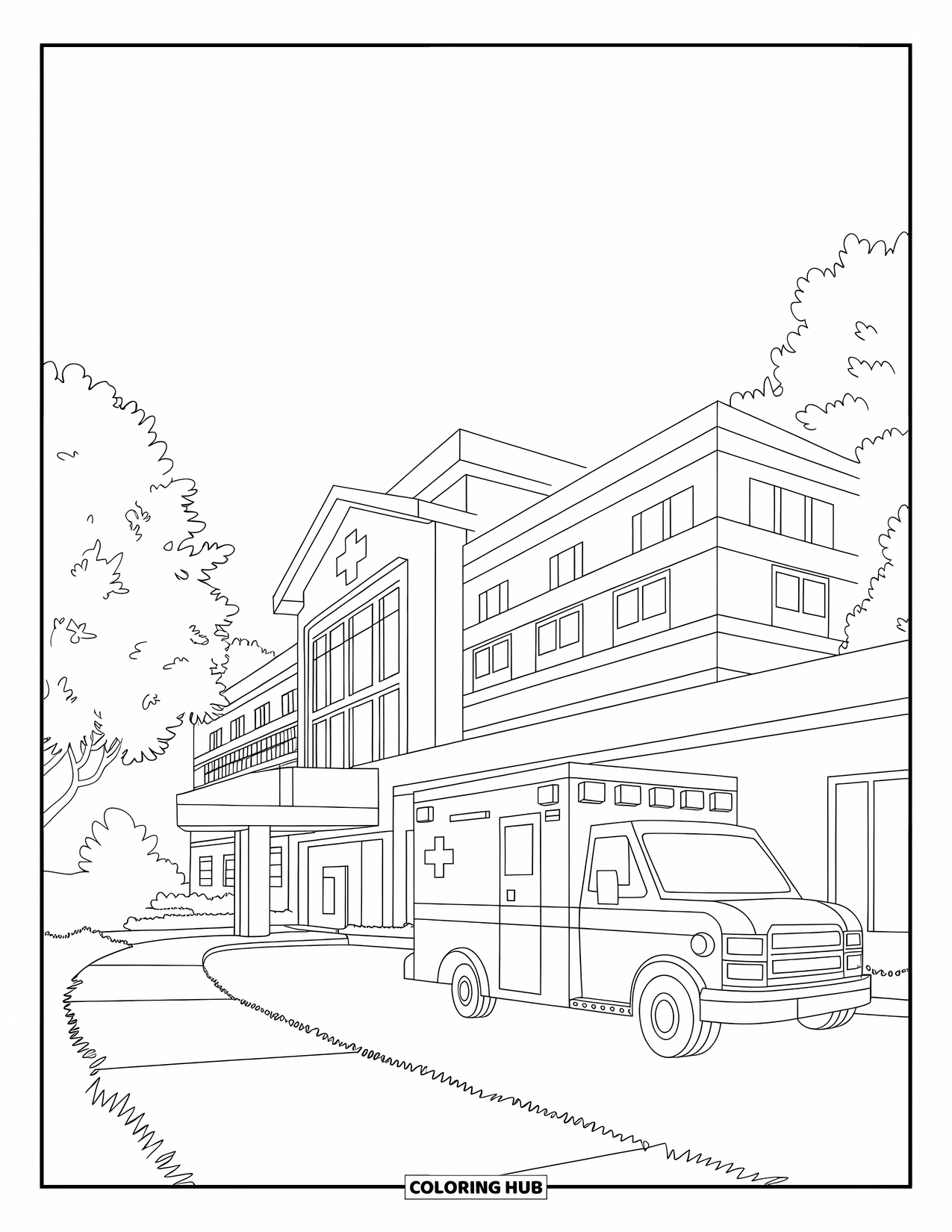 Letter H Coloring Page for Kids: An ambulance waits outside a hospital surrounded by trees and a clear path