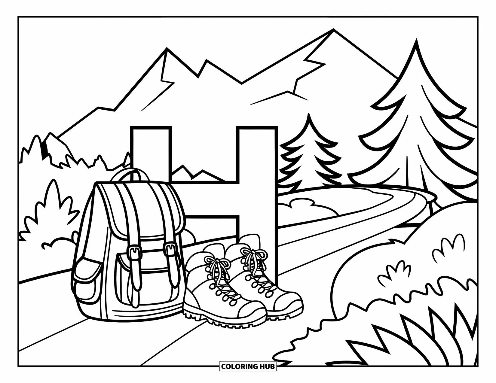 Letter H Coloring Page for Kids: Hiking boots and a backpack sit beside the letter H on a mountain path