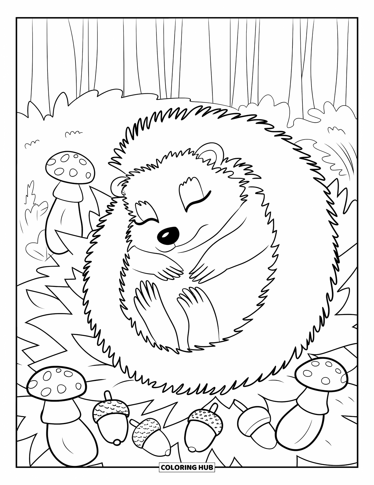 Letter H Coloring Page for Kids: Nestled in leaves, a hedgehog rests with mushrooms and acorns around