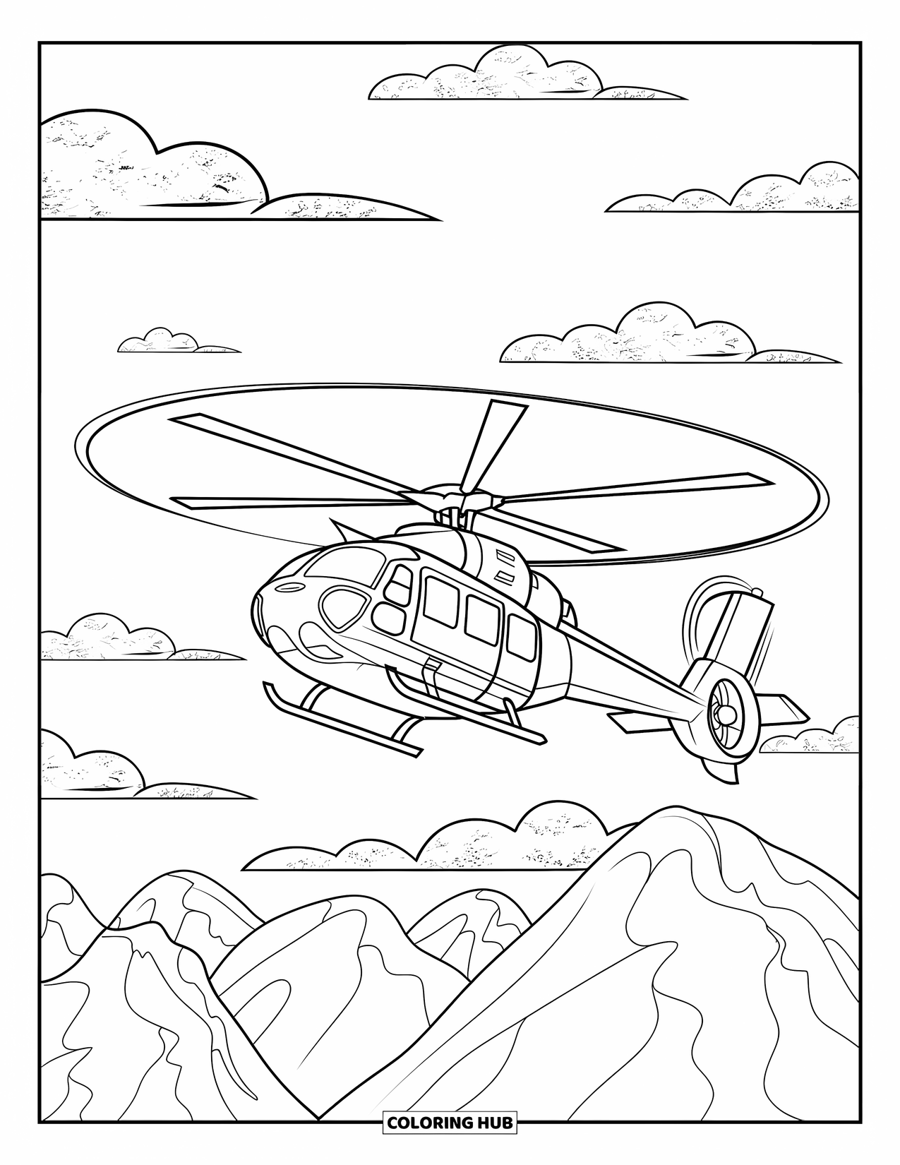 Letter H Coloring Page for Kids: Spinning blades lift a helicopter above the rugged mountain terrain