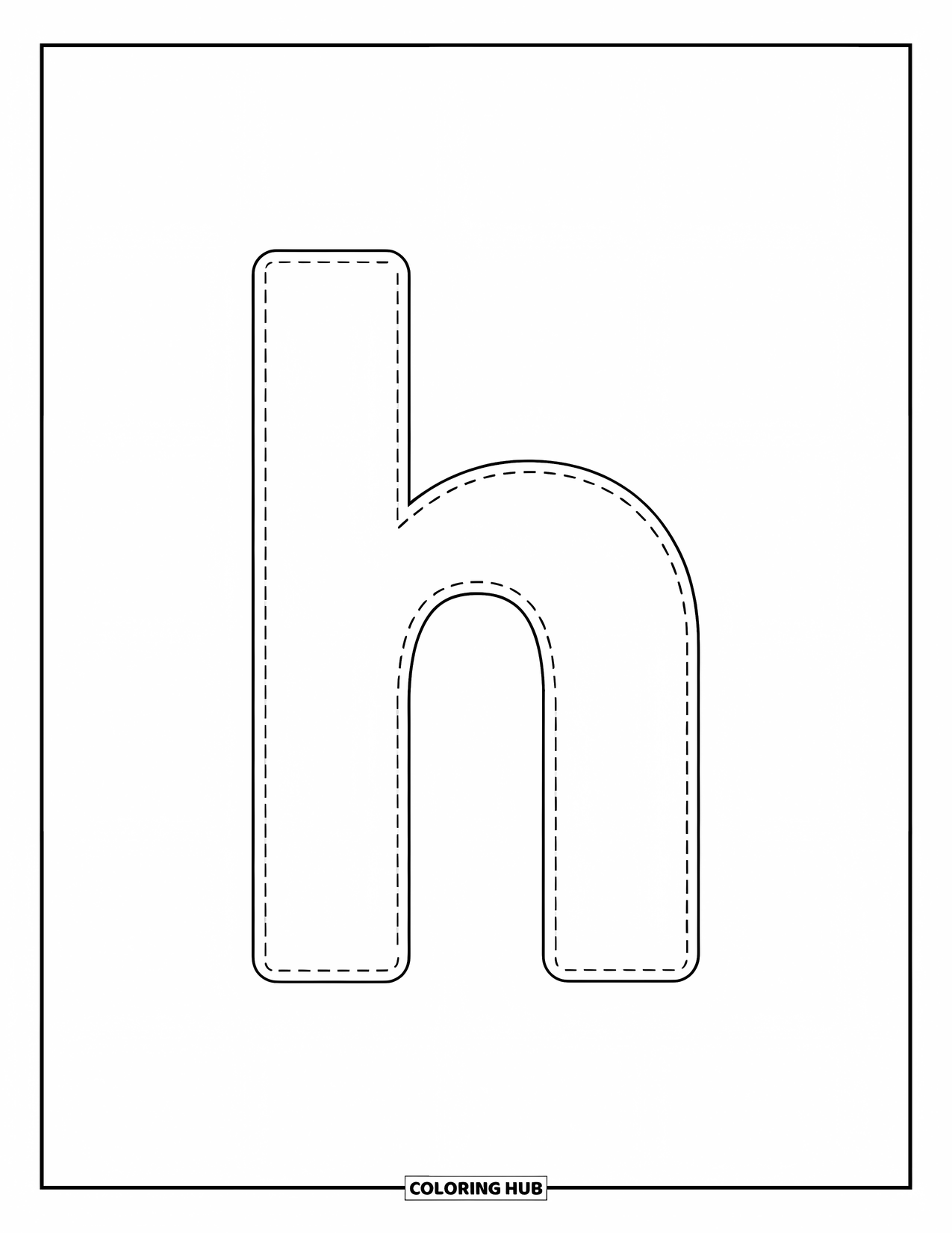 Letter H Coloring Page for Kids: The letter h, drawn in dotted lines, invites preschoolers to trace with ease