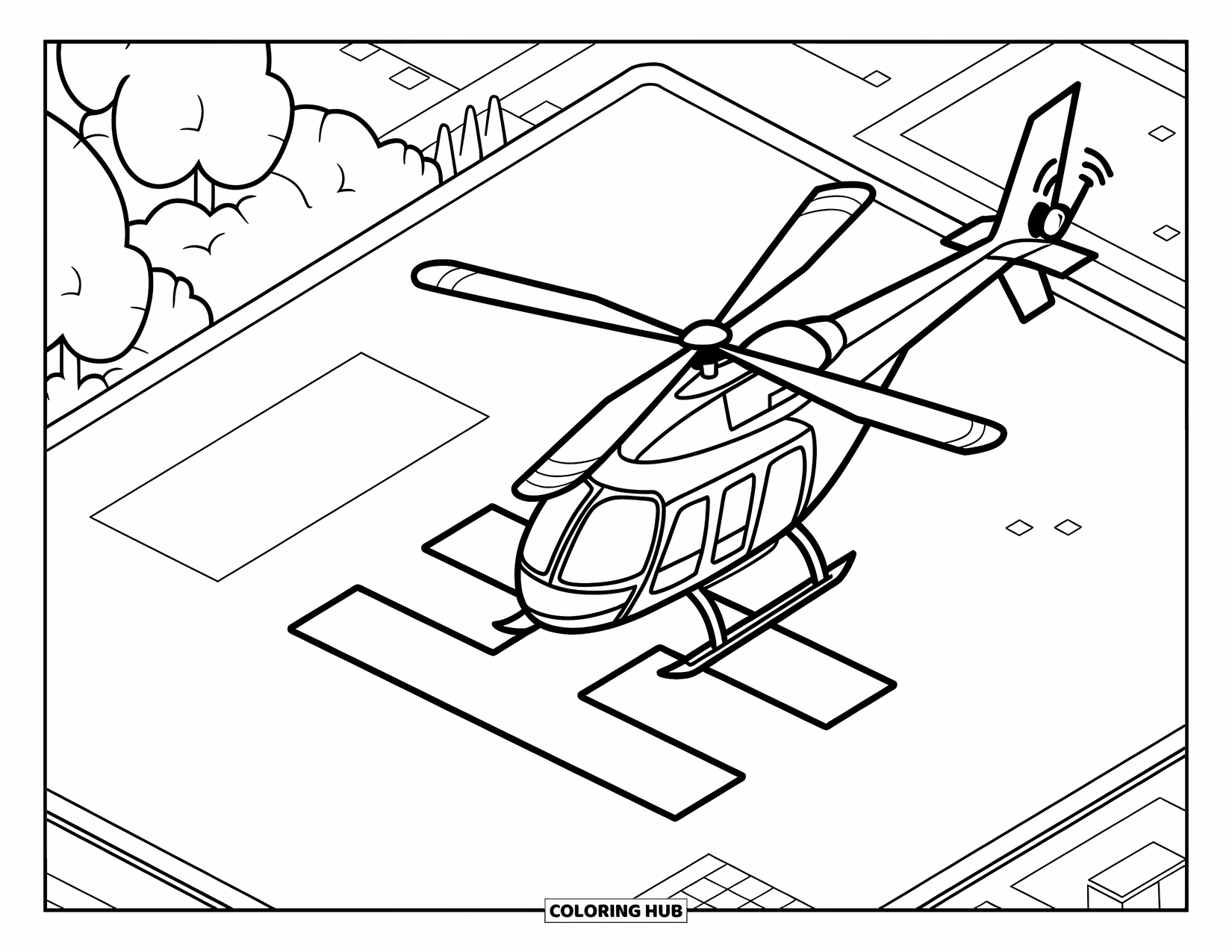 Letter H Coloring Page for Kids: The letter H marks the landing spot for a flying helicopter
