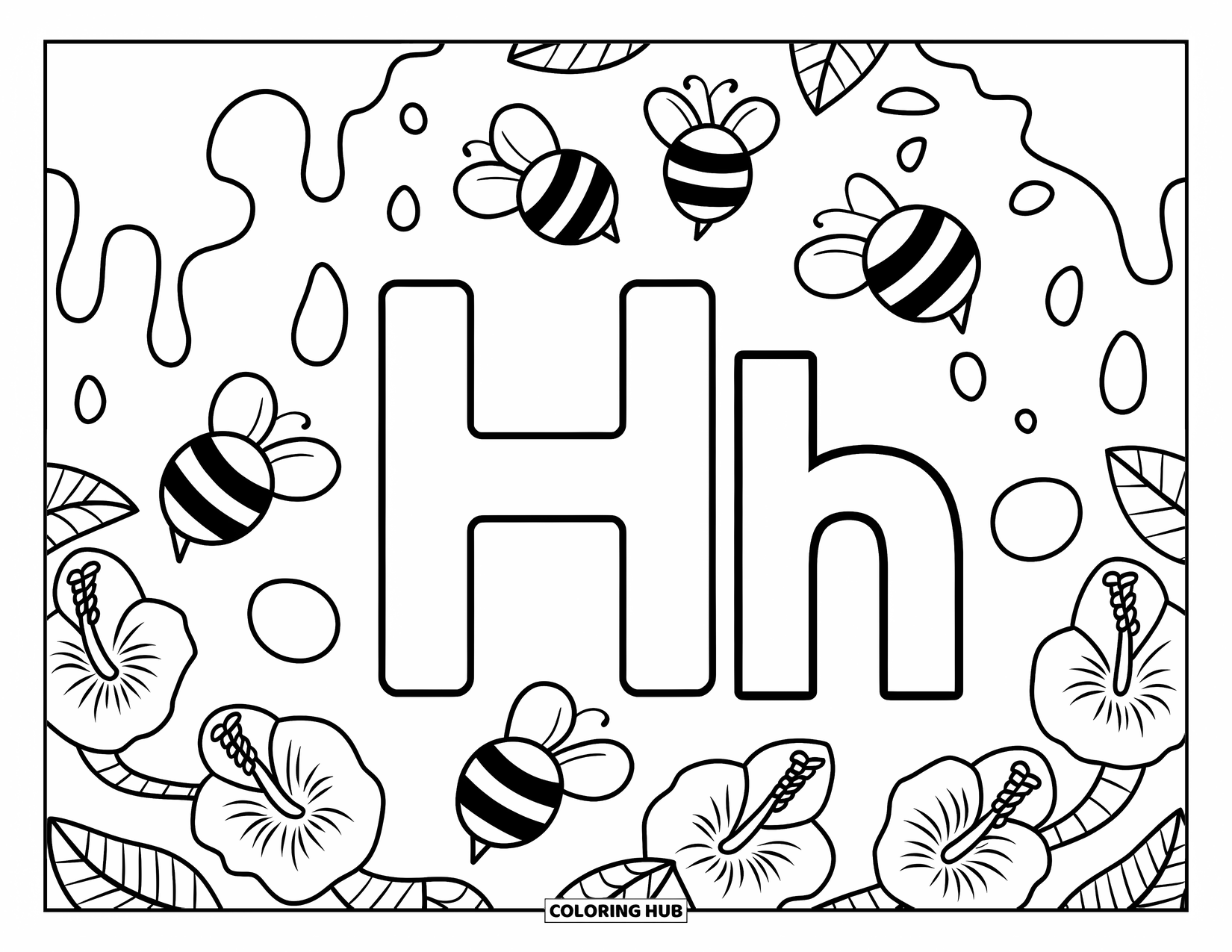 Letter H Coloring Page for Kids: Uppercase H and lowercase h are framed by honey, hibiscus, and happy bees
