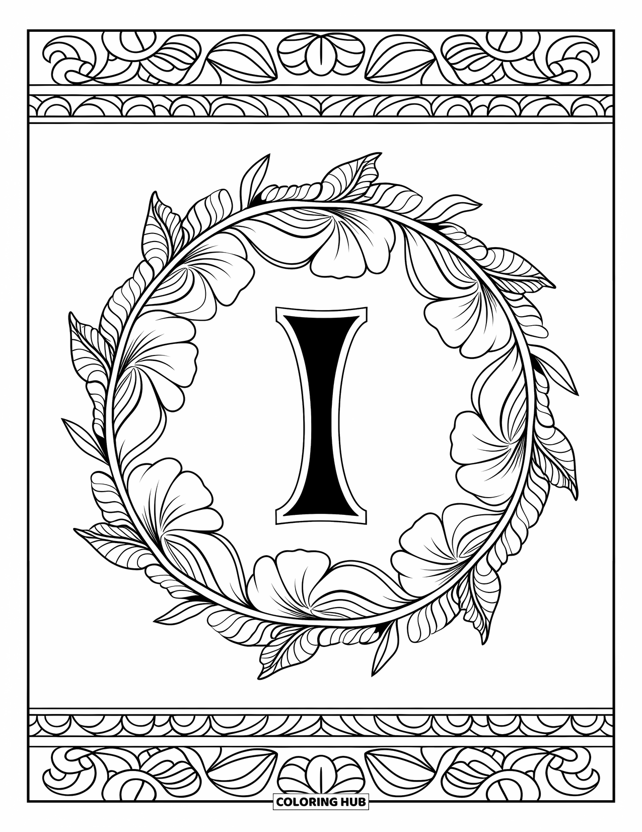 Letter I Coloring Page for Adults: A bold letter I rests inside a floral circle of hibiscus and leafy patterns