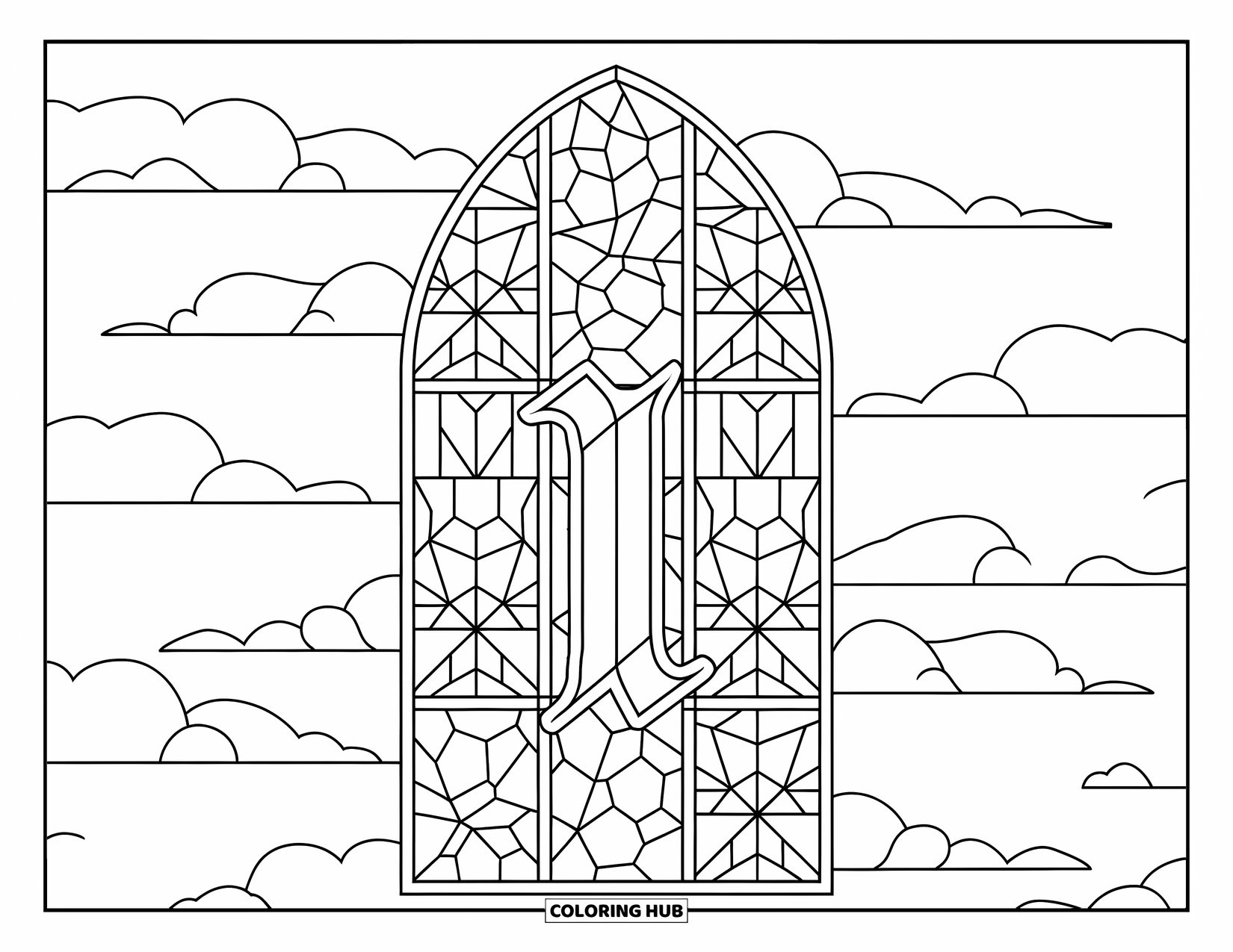 Letter I Coloring Page for Adults: A gothic-style letter I sits inside a stained glass window with floral patterns