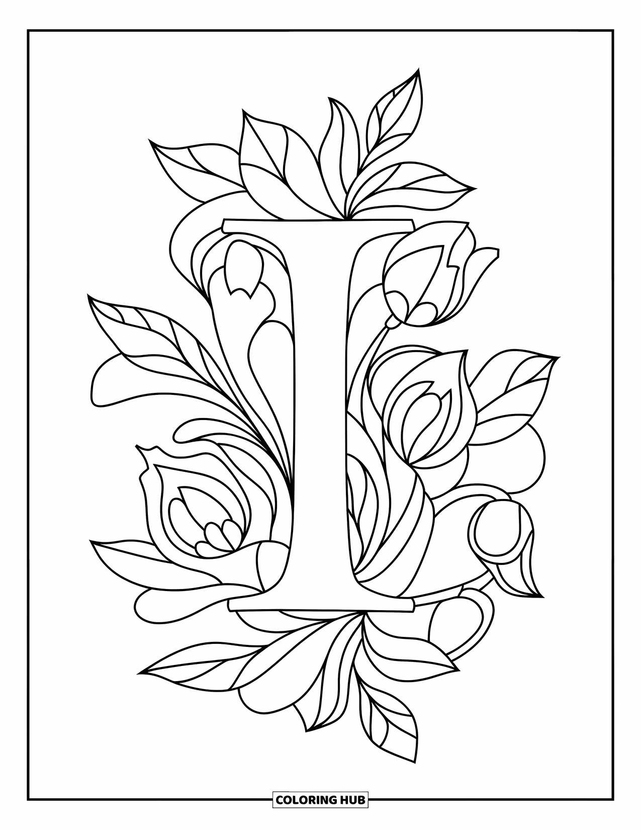 Letter I Coloring Page for Adults: A large letter I is centered in a leafy zentangle with flowers and curls