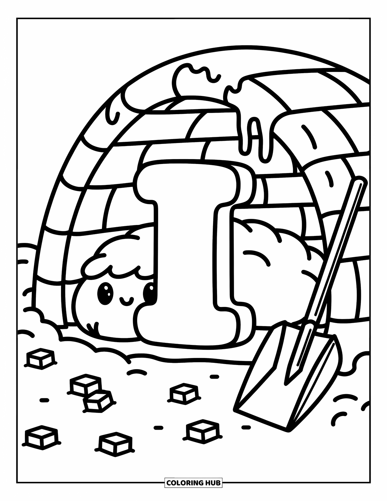 Letter I Coloring Page for Adults: A puffy letter I snuggles inside an igloo with ice cubes and a snow shovel