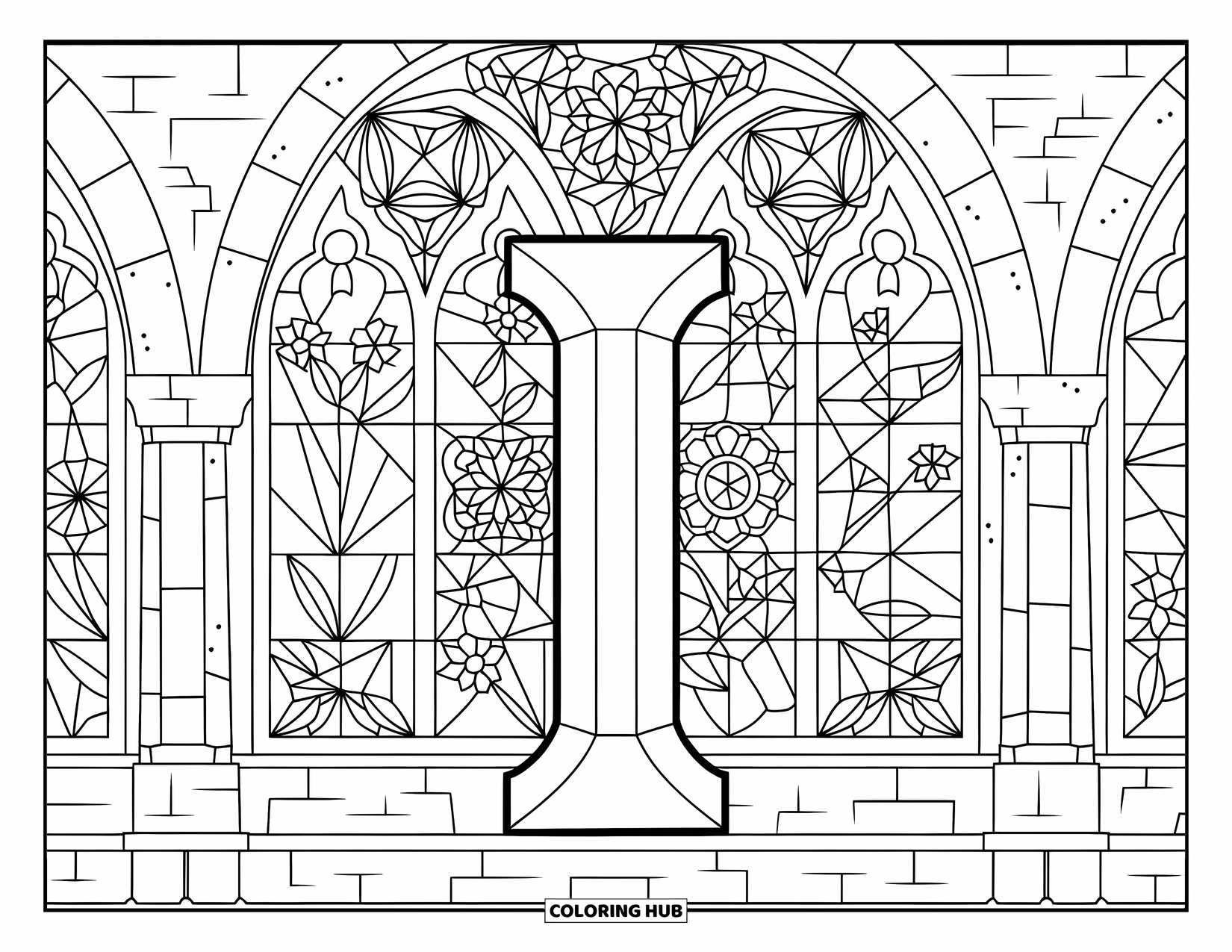 Letter I Coloring Page for Adults: A stone letter I lies within a cathedral filled with floral stained glass and arches