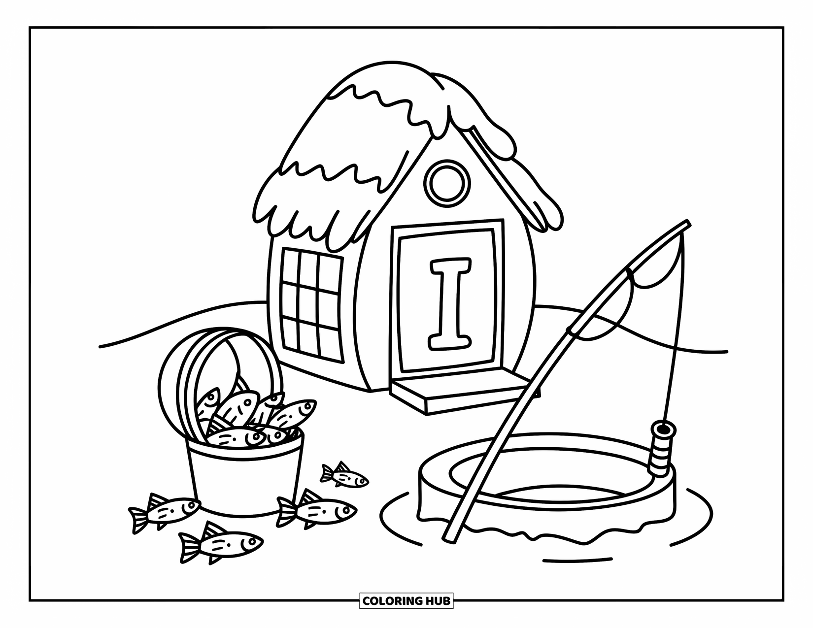 Letter I Coloring Page for Adults: A tiny hut with the letter I as its door is surrounded by fish and snowy charm
