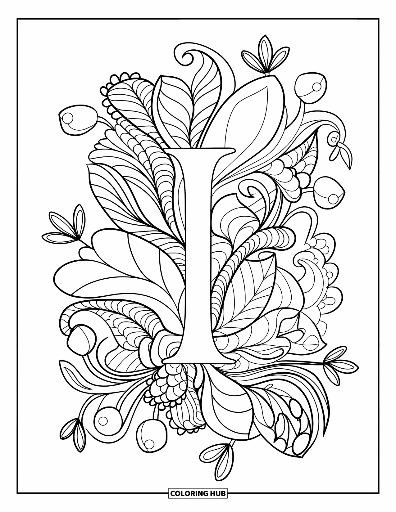 Letter I Coloring Page for Adults: An elegant I sits in the middle of a zentangle filled with leaves and flowers