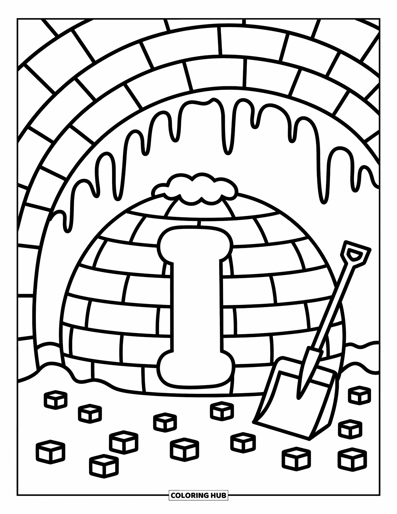Letter I Coloring Page for Adults: An igloo shelters the puffy letter I, with icicles, cubes, and a playful winter feel