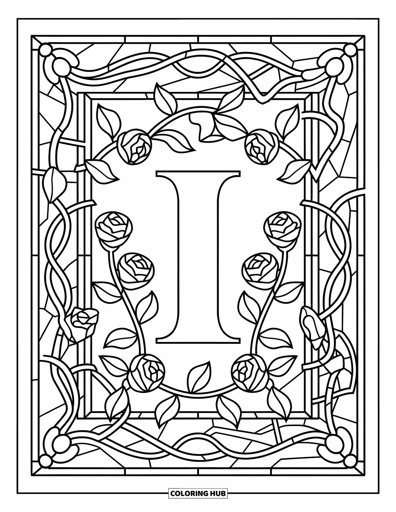 Letter I Coloring Page for Adults: Ivy and roses frame a decorative letter I in a stained glass window design