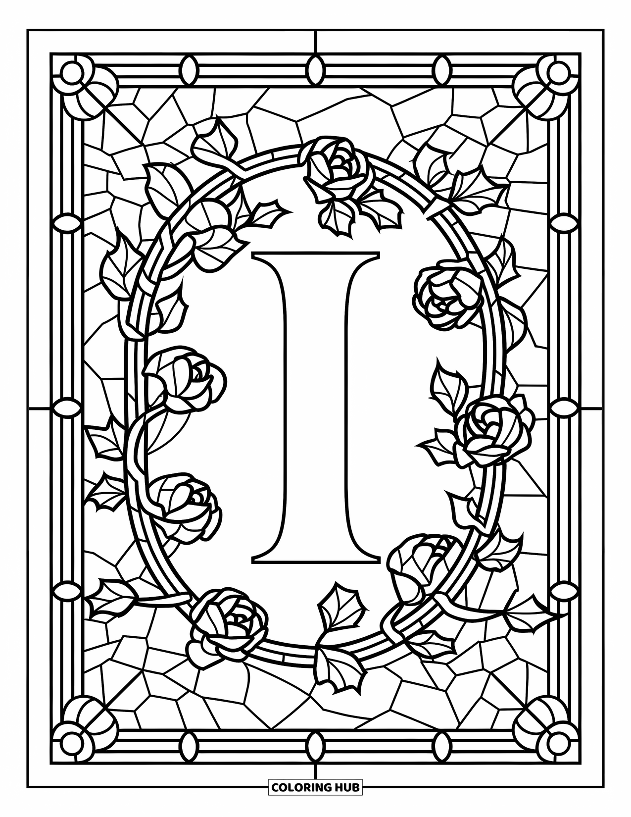 Letter I Coloring Page for Adults: Ivy vines and roses wrap around a decorative letter I in a window-style frame