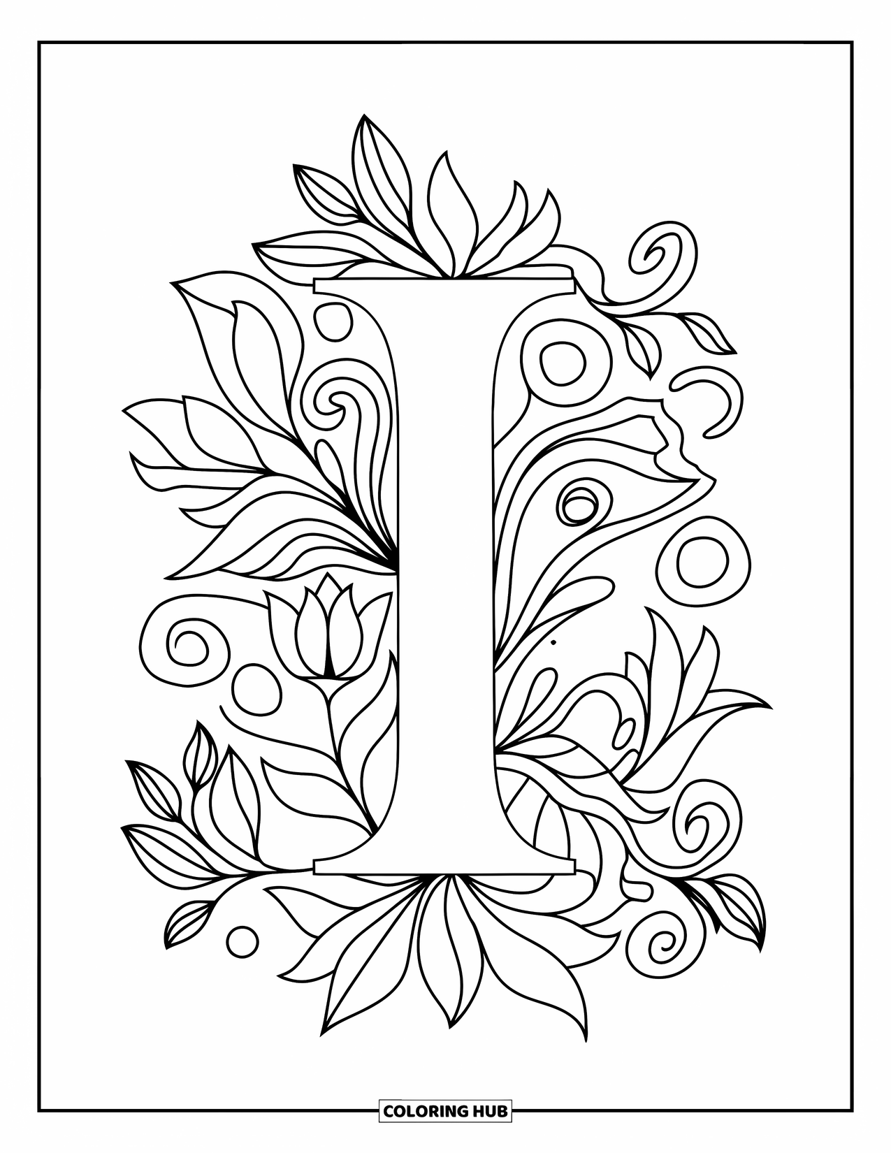 Letter I Coloring Page for Adults: Leaves, curls, and buds surround a bold letter I in an intricate zentangle
