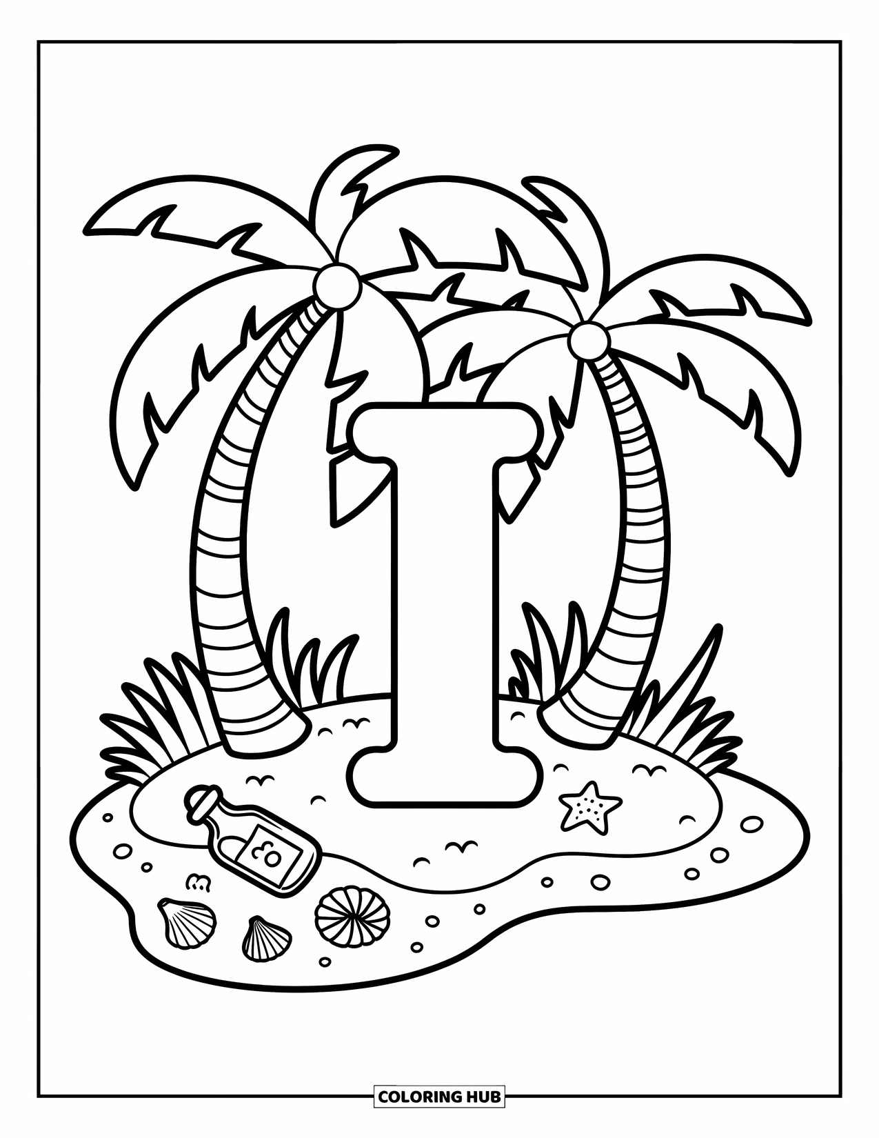 Letter I Coloring Page for Adults: Palm trees lean over the letter I on a beach with seashells and a tiny bottle