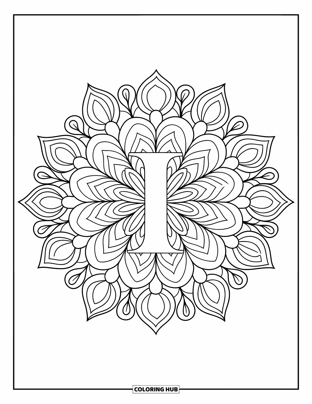 Letter I Coloring Page for Adults: Petals and vines radiate from a mandala with the letter I in the middle