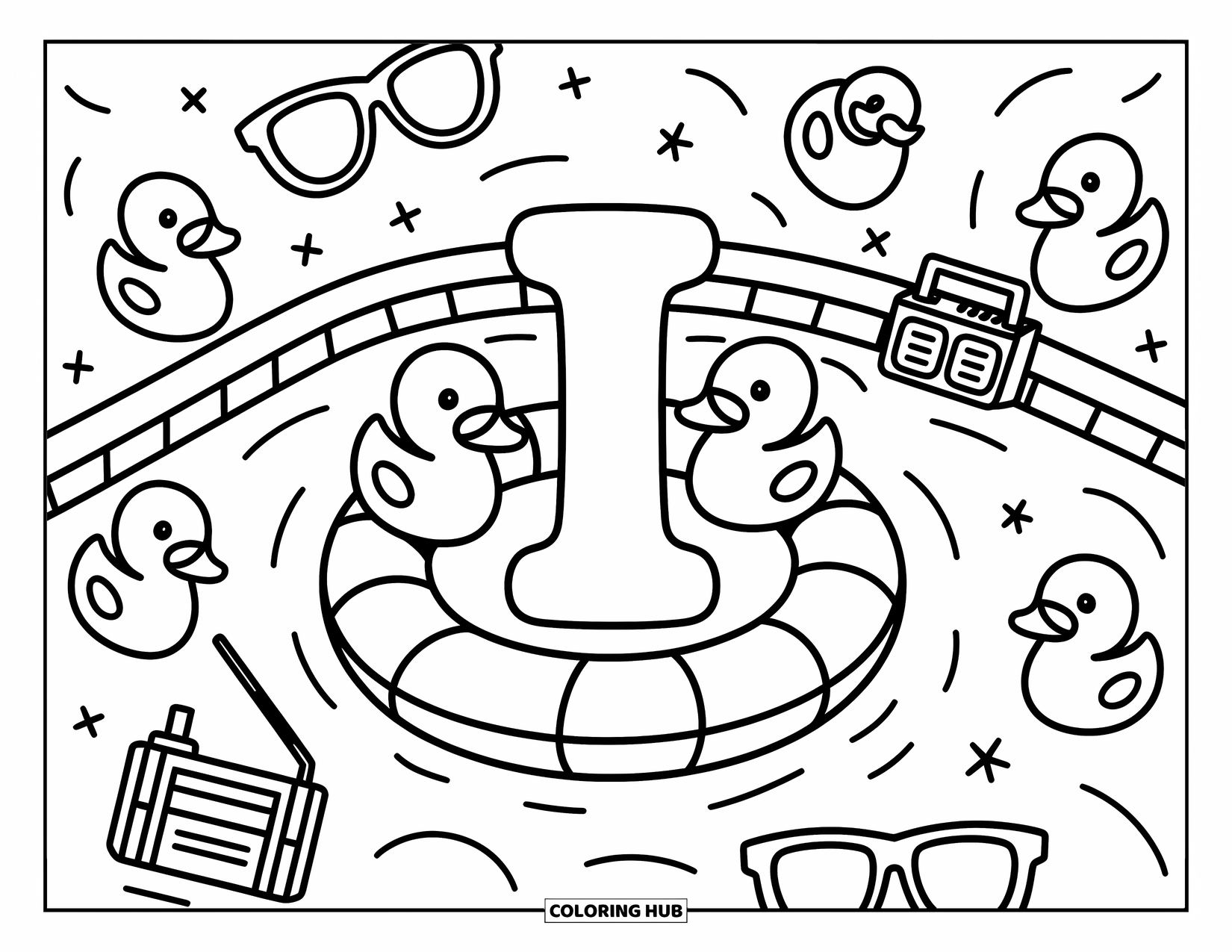 Letter I Coloring Page for Adults: Rubber ducks and juice boxes circle the floating letter I in a kiddie pool