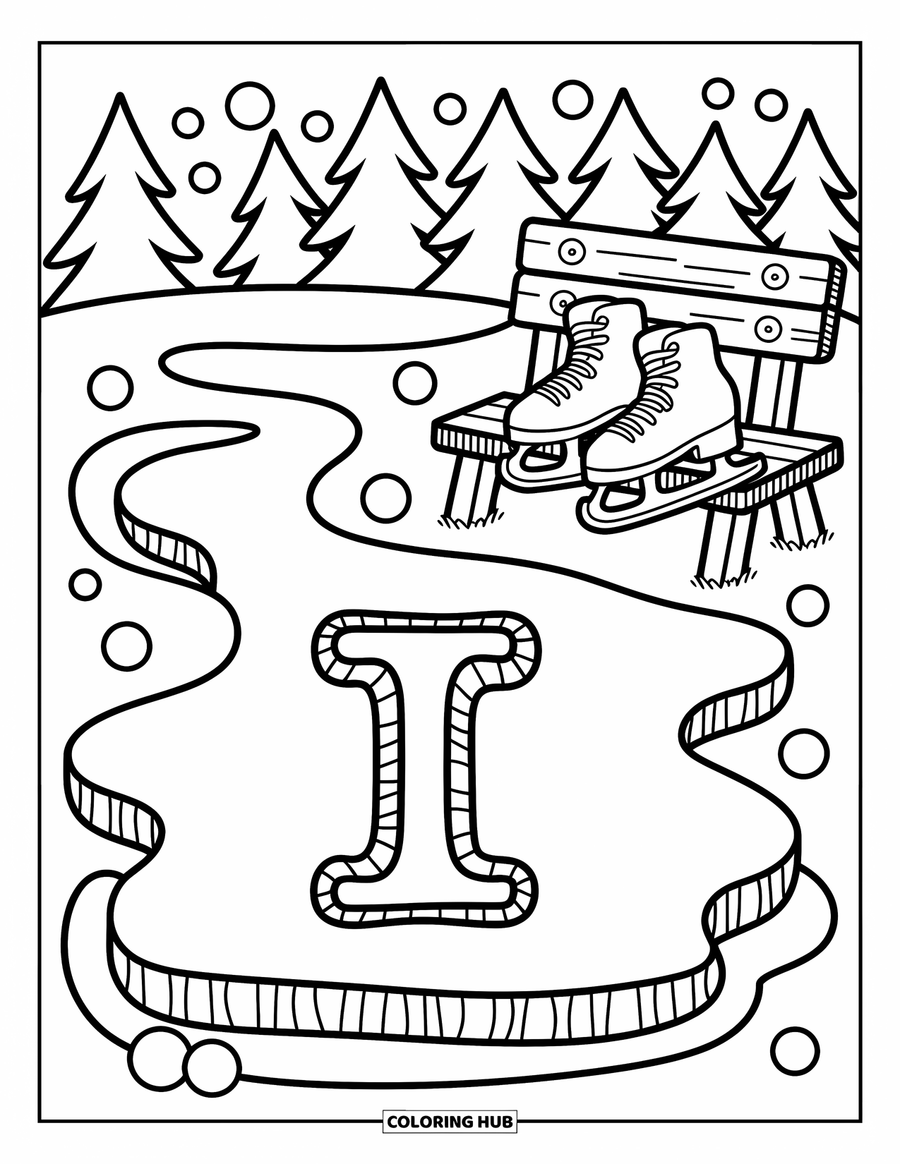 Letter I Coloring Page for Adults: The letter I is carved into a frozen lake beside skates and snowy pine trees