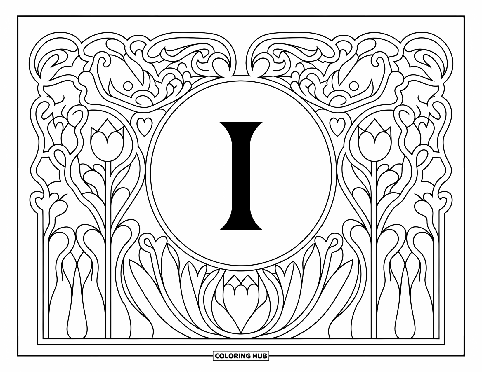 Letter I Coloring Page for Adults: The letter I is surrounded by a floral art nouveau frame of tulips and vines