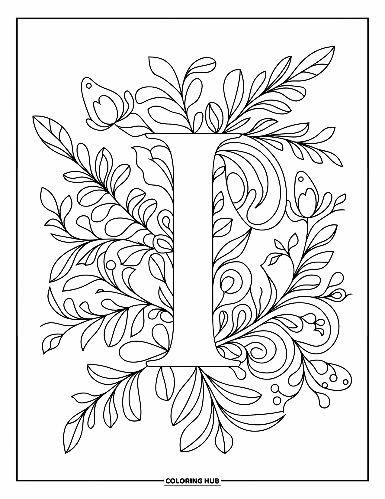 Letter I Coloring Page for Adults: The letter I is wrapped in detailed floral and leafy zentangle patterns