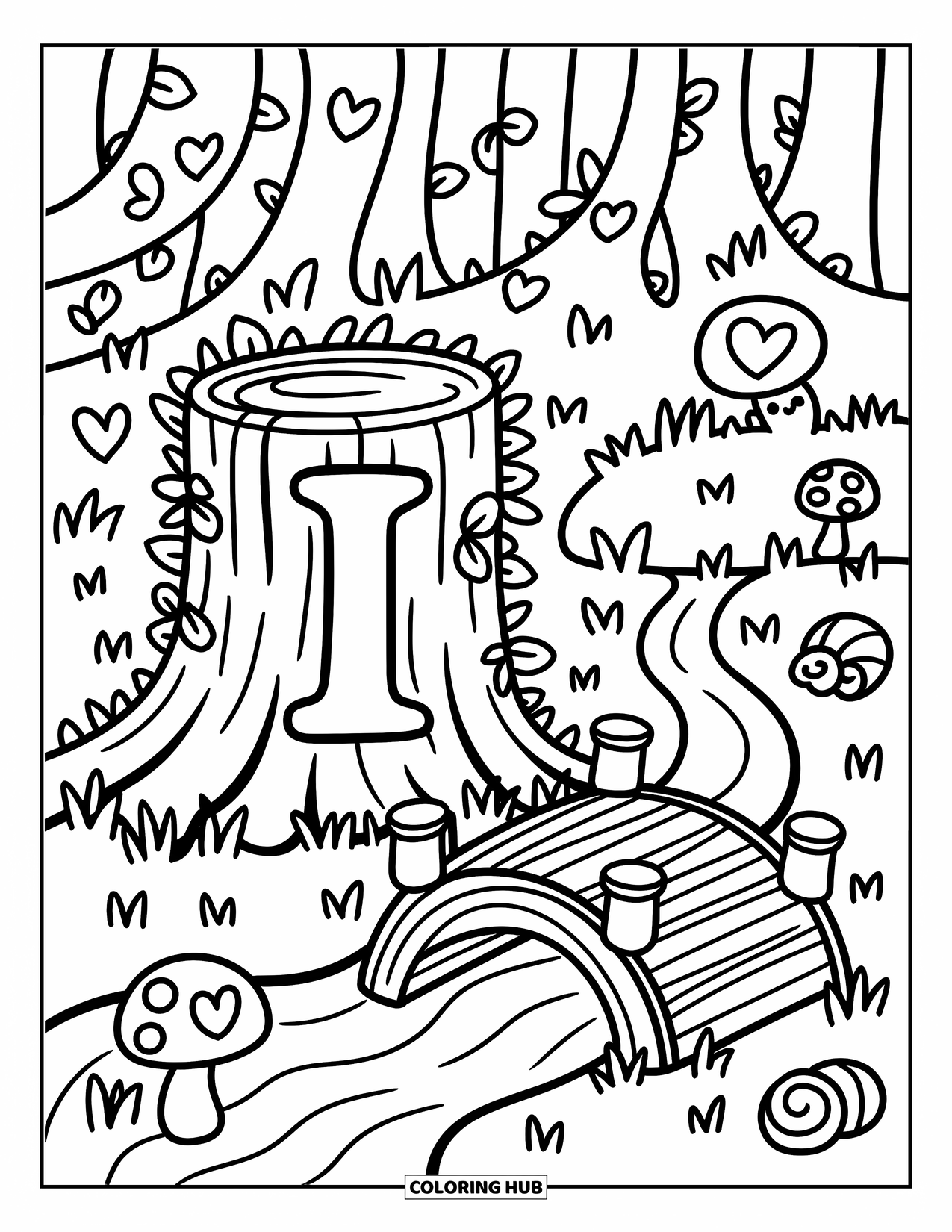 Letter I Coloring Page for Adults: The letter I nestles by a stump with ivy, mushrooms, and a little heart-carved bridge