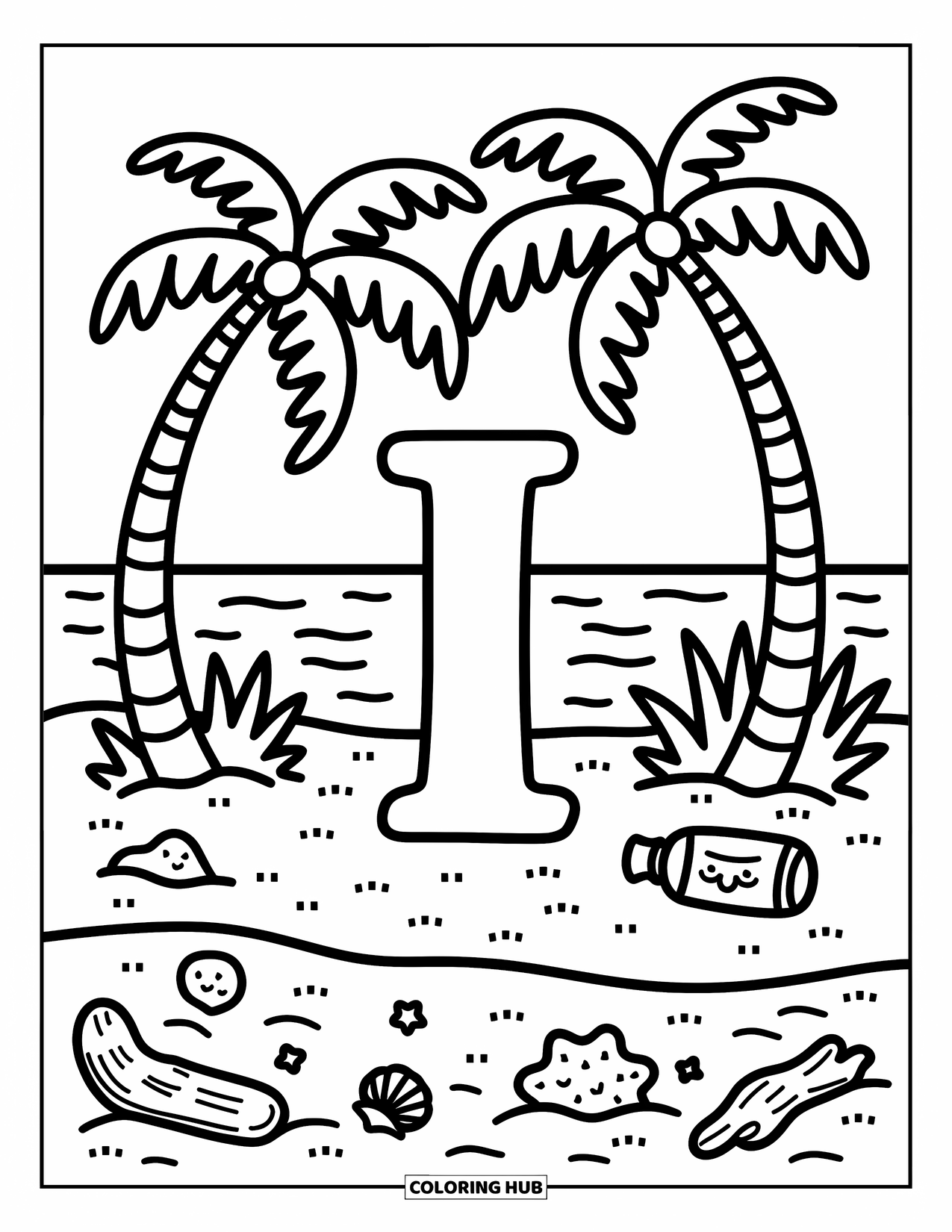 Letter I Coloring Page for Adults: The letter I rests peacefully on the shore with palm trees and a hidden message nearby