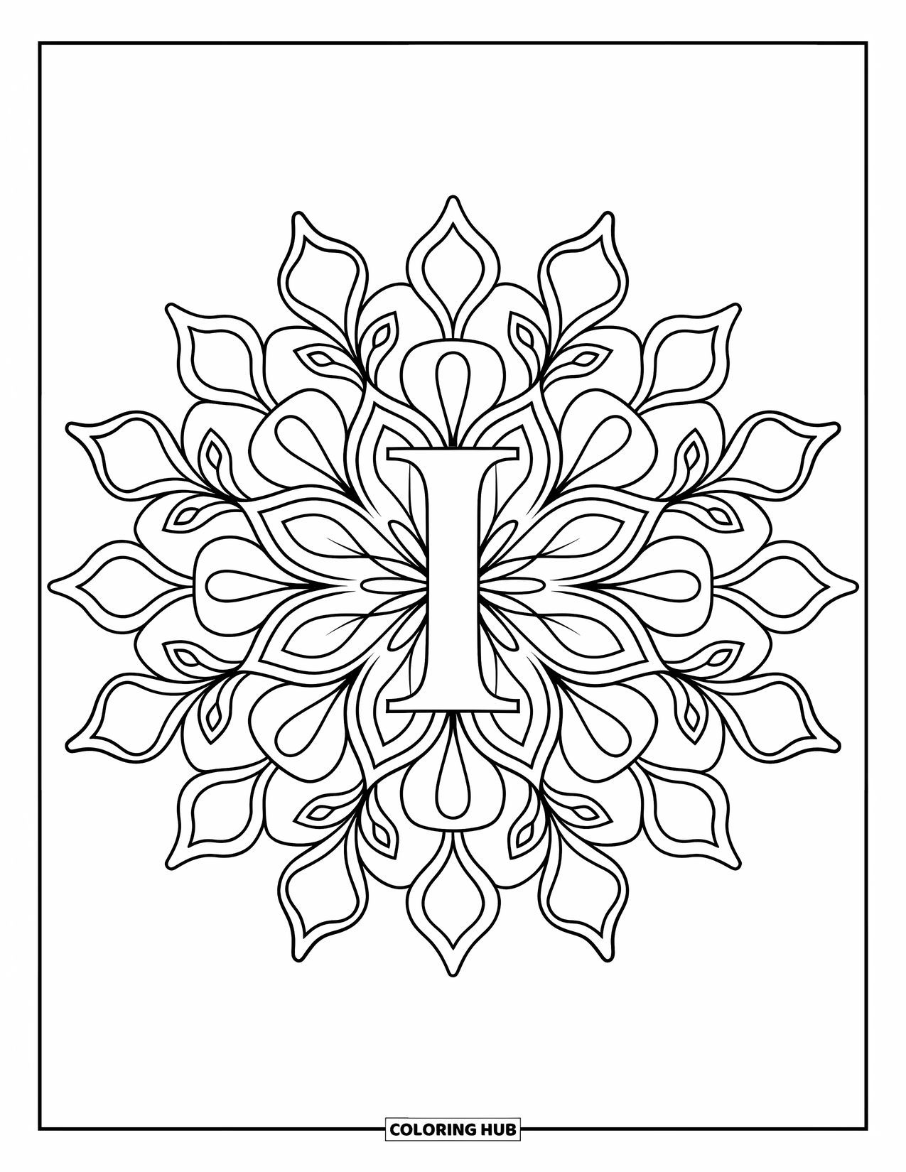Letter I Coloring Page for Adults: The letter I sits in the center of a symmetrical mandala with floral details