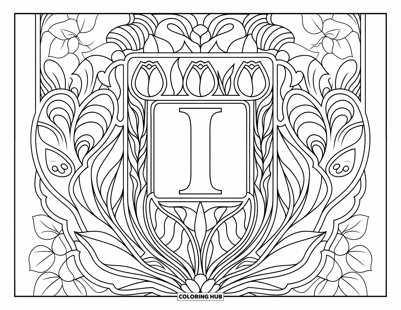 Letter I Coloring Page for Adults: Tulips and swirling vines frame a decorative letter I in a detailed floral border