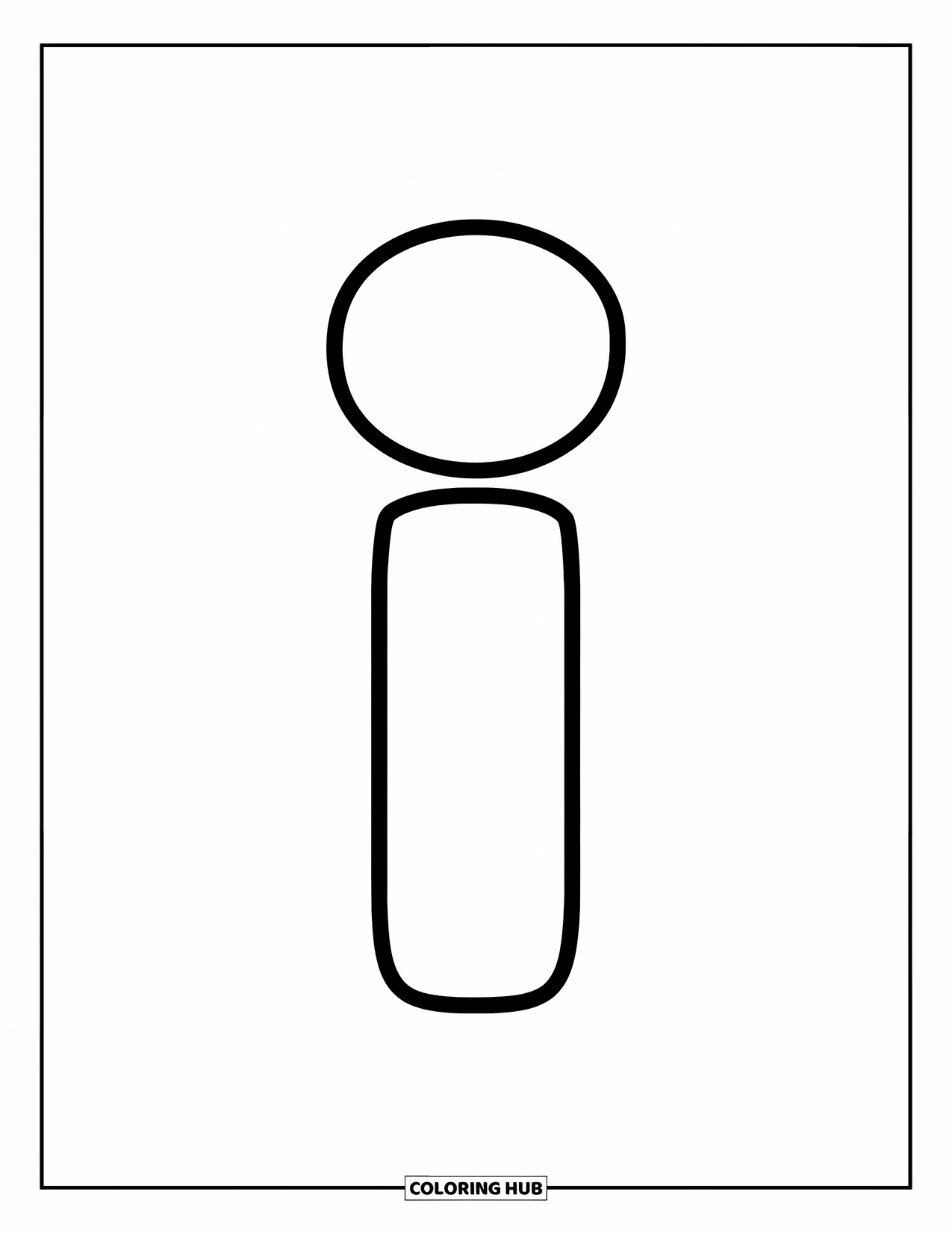 Letter I Coloring Page for Kids: A cheerful lowercase i with bold lines sits in the middle of the page