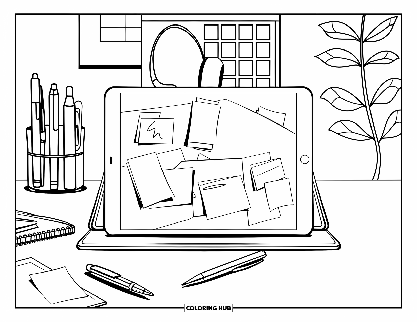 Letter I Coloring Page for Kids: A cluttered desk has a digital tablet surrounded by pens, notes, and a potted plant